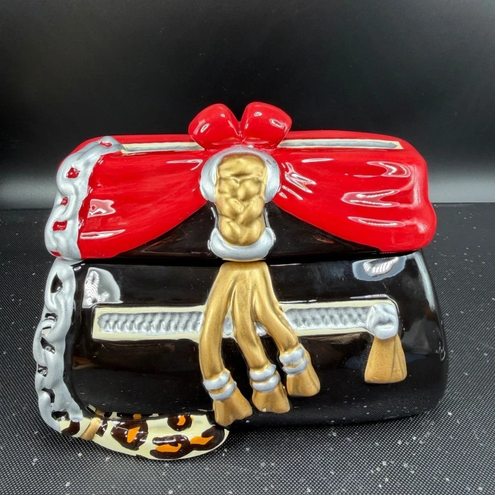 David's Cookies Ceramic Handbag Cookie Jar Container Purse Black Red Bow Tassels